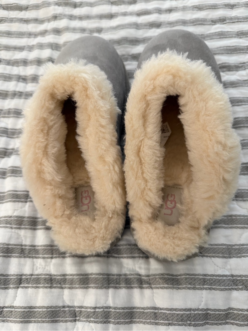 UGG Women's Suede Shearling-Lined Slip-On Clog in Light Gray with Cream Trim - Picture 2 of 8